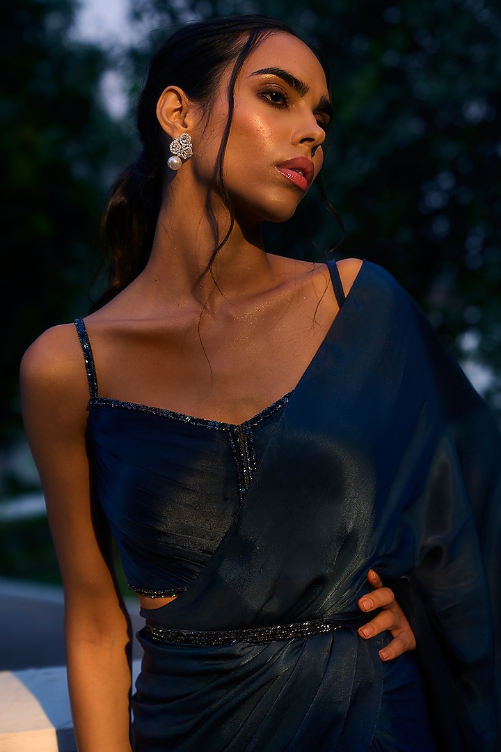 Teal Viscose Georgette Satin Embellished Draped Wedding Saree Set by Parshya at Pernia's Pop Up Shop