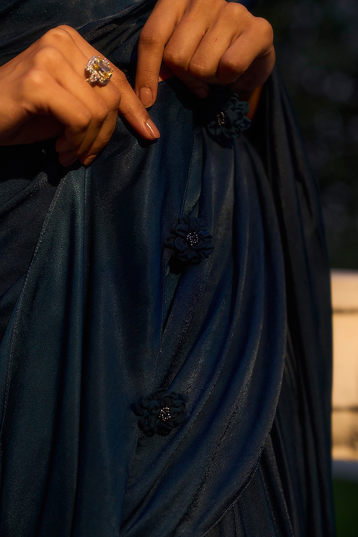 Teal Viscose Georgette Satin Embellished Draped Wedding Saree Set by Parshya at Pernia's Pop Up Shop
