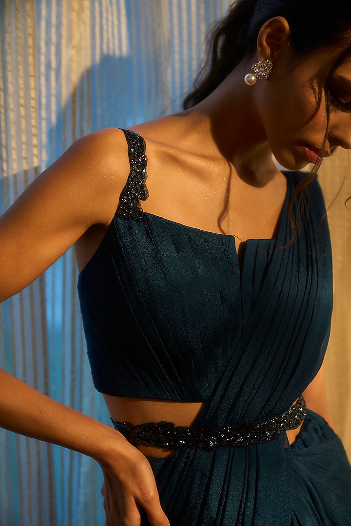 Teal Viscose Crepe Georgette Embellished Draped Wedding Saree Set by Parshya at Pernia's Pop Up Shop