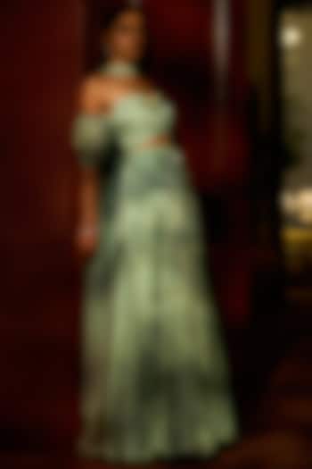 Sea Green Georgette Satin Embellished Wedding Lehenga Set by Parshya at Pernia's Pop Up Shop