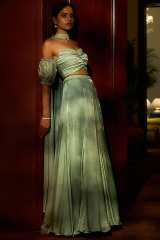 Sea Green Georgette Satin Embellished Lehenga Set by Parshya
