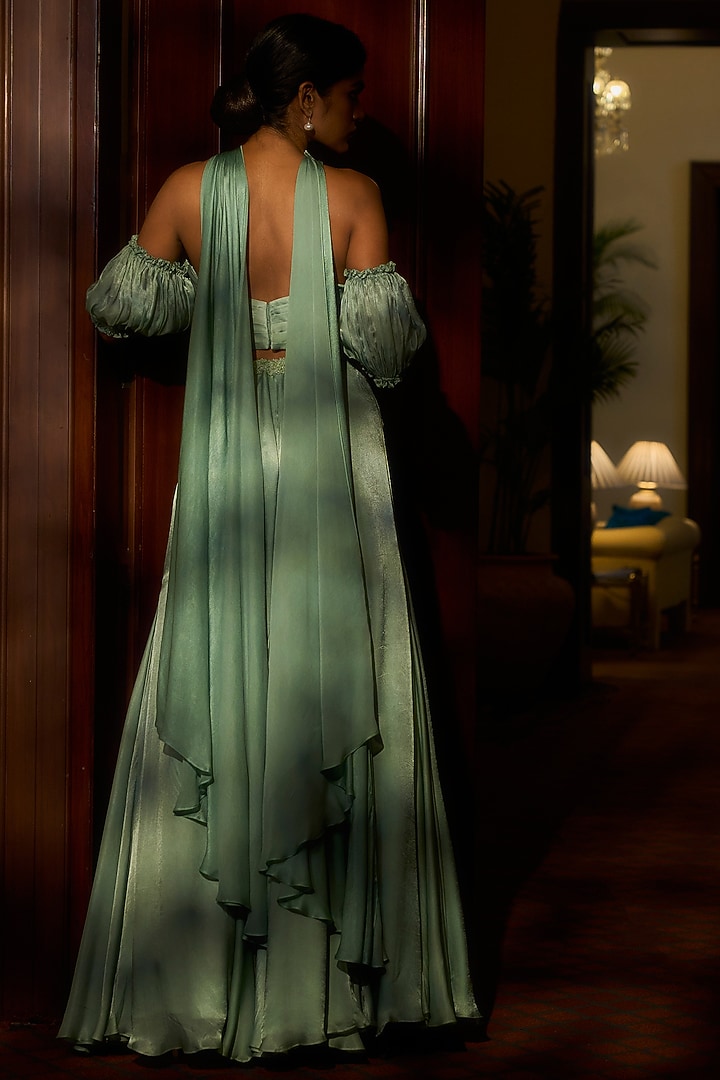 Sea Green Georgette Satin Embellished Wedding Lehenga Set by Parshya at Pernia's Pop Up Shop
