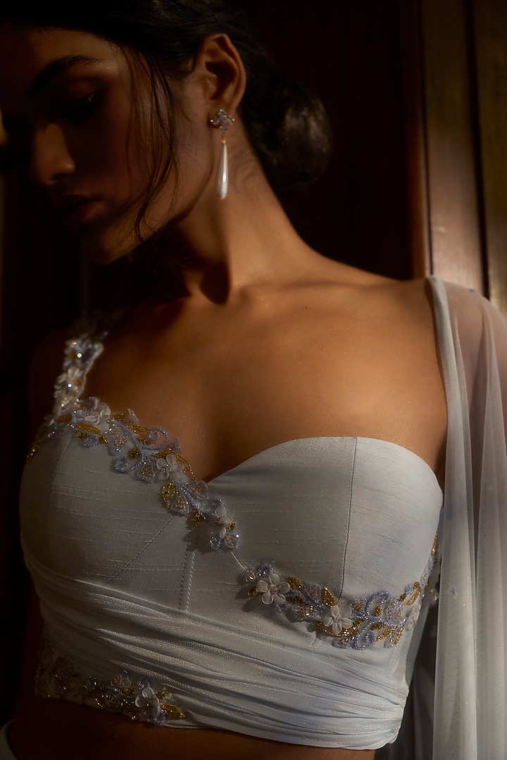 Ice Blue Crepe Georgette Wedding Lehenga Set by Parshya at Pernia's Pop Up Shop