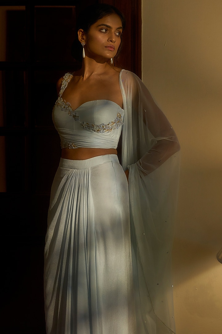 Ice Blue Crepe Georgette Wedding Lehenga Set by Parshya at Pernia's Pop Up Shop
