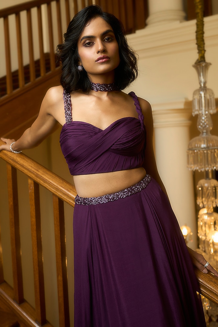 Wine Viscose Crepe Georgette Embellished Wedding Lehenga Set by Parshya at Pernia's Pop Up Shop