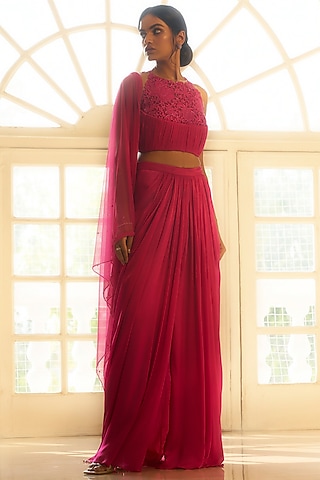 Hot Pink Viscose Georgette Satin Lehenga Set by Parshya