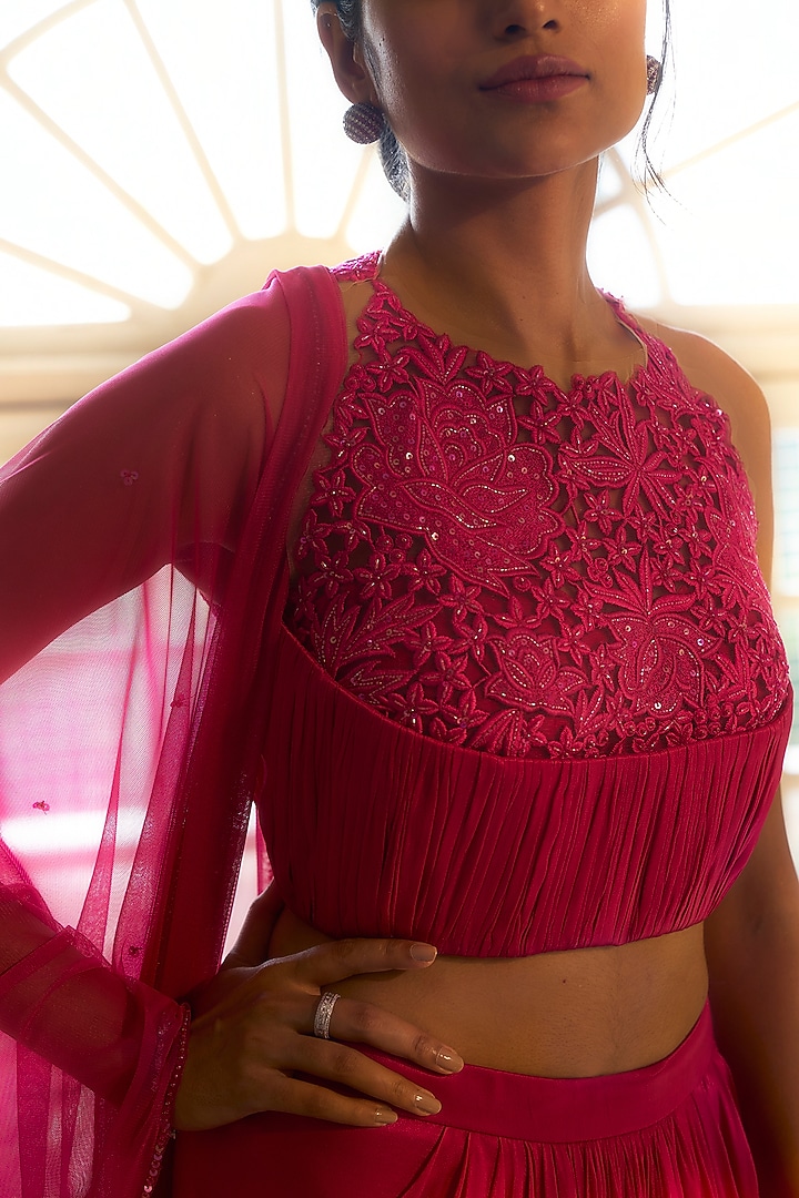 Hot Pink Viscose Georgette Satin Wedding Lehenga Set by Parshya at Pernia's Pop Up Shop