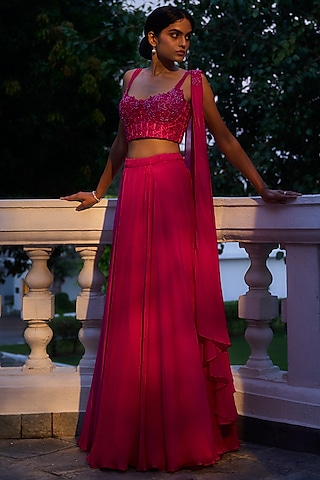 Hot Pink Viscose Flat Chiffon Lehenga Set by Parshya