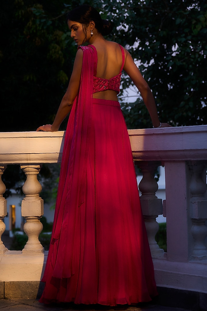Hot Pink Viscose Flat Chiffon Wedding Lehenga Set by Parshya at Pernia's Pop Up Shop