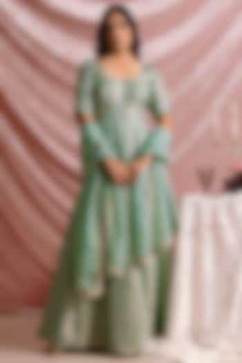 Green Banarasi Tissue Embellished Party Wear Anarkali Set by Parshya at Pernia's Pop Up Shop