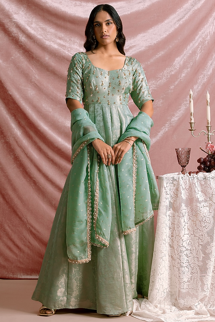 Green Banarasi Tissue Embellished Party Wear Anarkali Set by Parshya at Pernia's Pop Up Shop