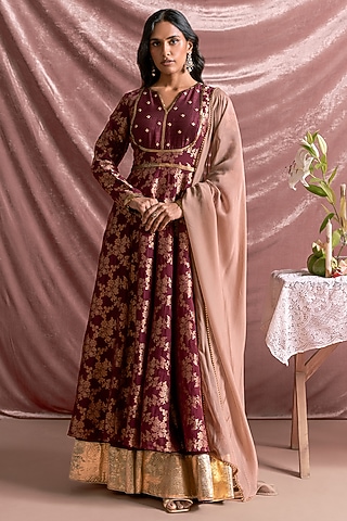 Wine Banarasi Georgette Embellished Anarkali Set by Parshya