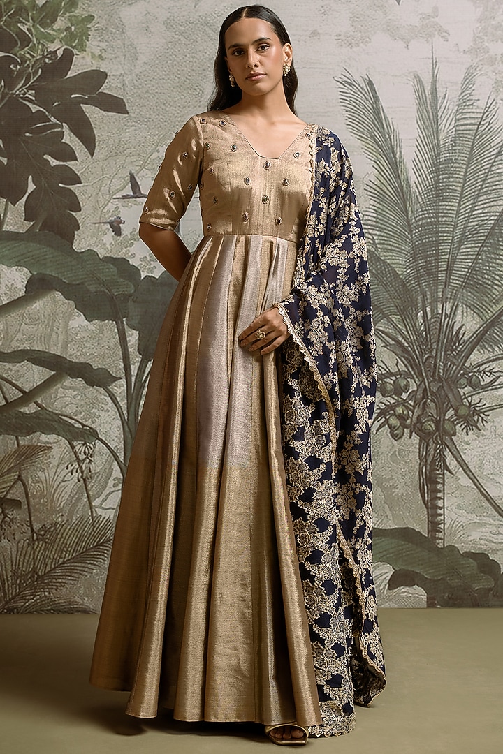 Antique Gold & Silver Banarasi Embellished Party Wear Anarkali Set by Parshya at Pernia's Pop Up Shop