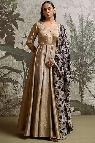 chinese gold dress Golden Anarkali Suit Set In Tissue Silk – Suti Rang main image 1