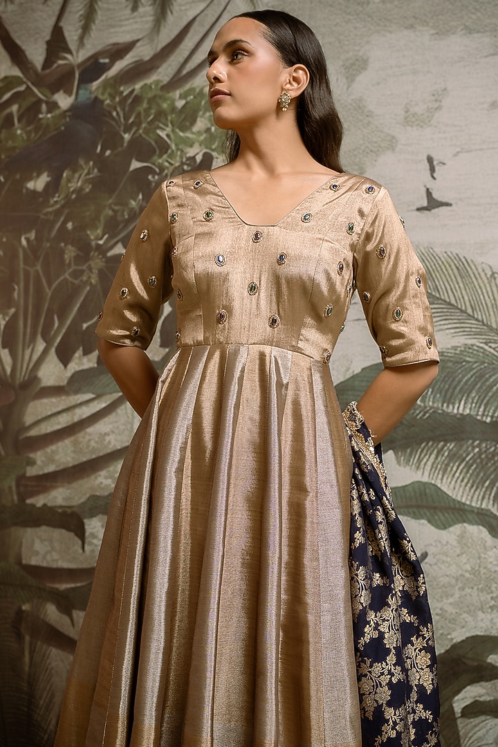Antique Gold & Silver Banarasi Embellished Party Wear Anarkali Set by Parshya at Pernia's Pop Up Shop