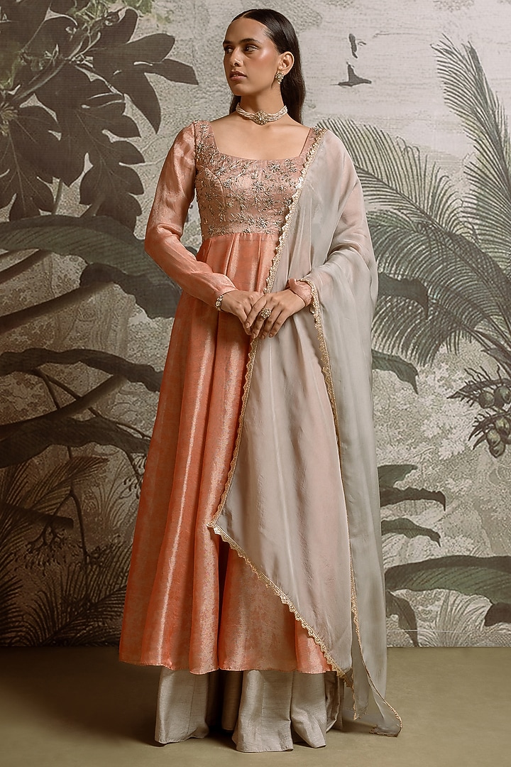 Peach Banarasi Tissue Embellished Party Wear Anarkali Set by Parshya at Pernia's Pop Up Shop