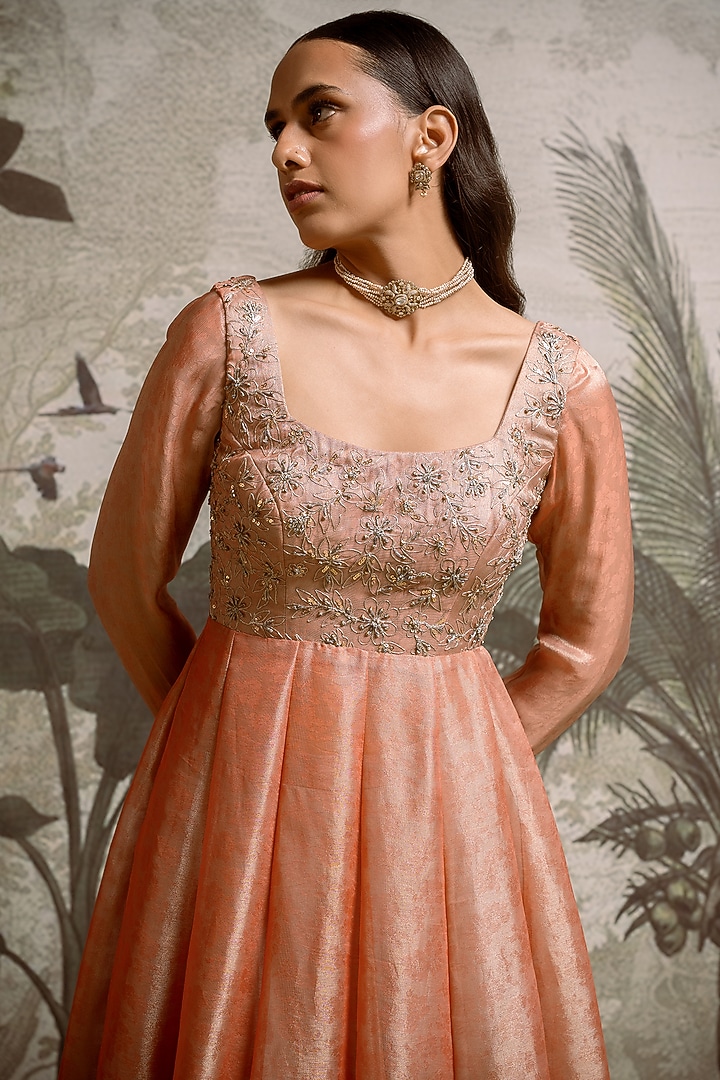 Peach Banarasi Tissue Embellished Party Wear Anarkali Set by Parshya at Pernia's Pop Up Shop