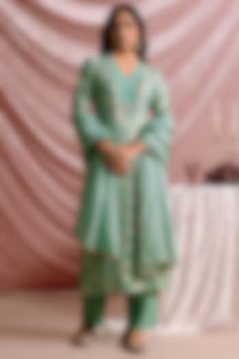 Green Banarasi Georgette Overlap Party Wear Anarkali Set by Parshya at Pernia's Pop Up Shop