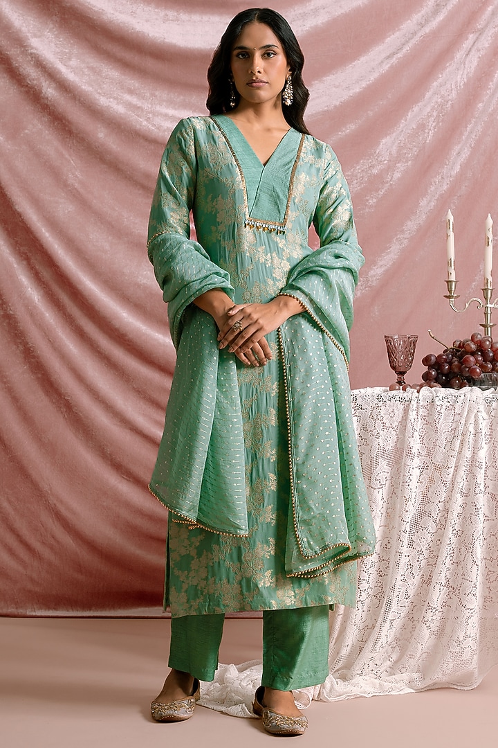 Green Banarasi Georgette Overlap Party Wear Anarkali Set by Parshya at Pernia's Pop Up Shop
