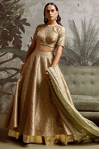 Green Banarasi Silk Printed Lehenga Set by Parshya