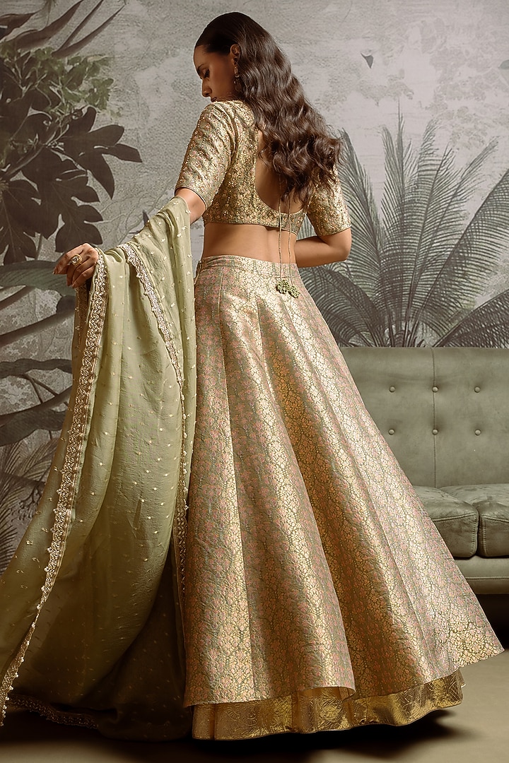 Green Banarasi Silk Printed Wedding Lehenga Set by Parshya at Pernia's Pop Up Shop