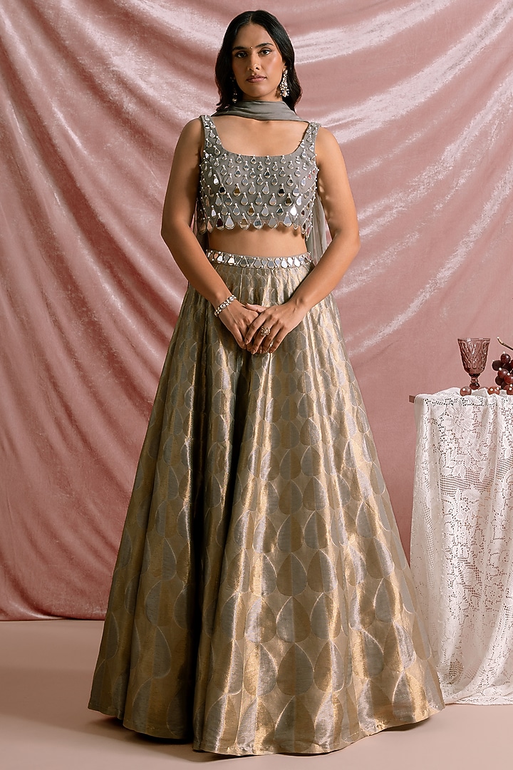 Grey Banarasi Tissue Wedding Lehenga Set by Parshya at Pernia's Pop Up Shop