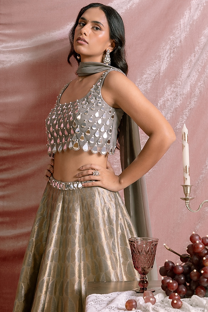Grey Banarasi Tissue Wedding Lehenga Set by Parshya at Pernia's Pop Up Shop