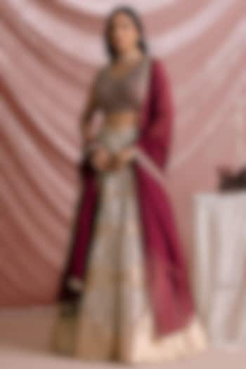 Wine Banarasi Tissue Geometric Printed Wedding Lehenga Set by Parshya at Pernia's Pop Up Shop