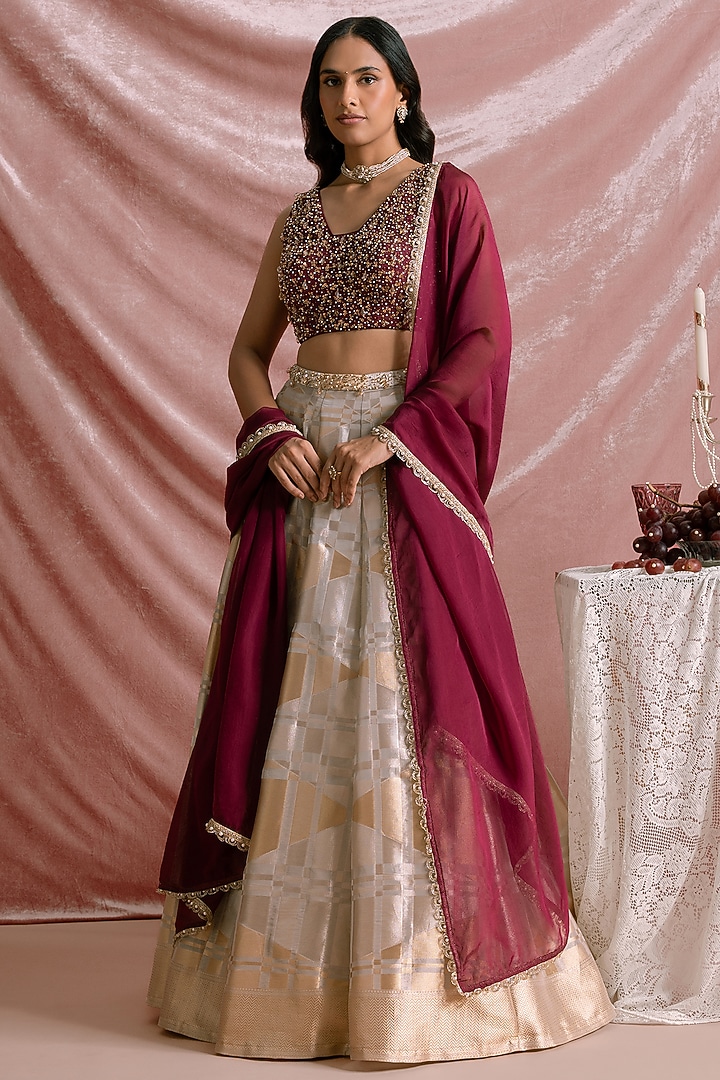 Wine Banarasi Tissue Geometric Printed Wedding Lehenga Set by Parshya at Pernia's Pop Up Shop