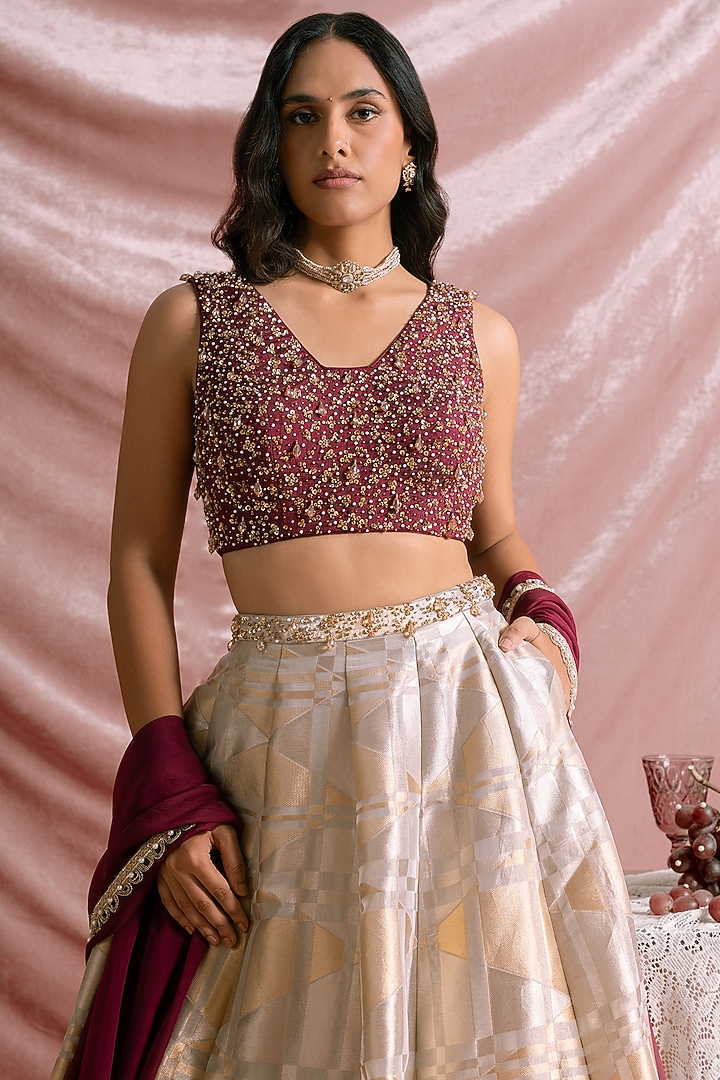 Wine Banarasi Tissue Geometric Printed Wedding Lehenga Set by Parshya at Pernia's Pop Up Shop