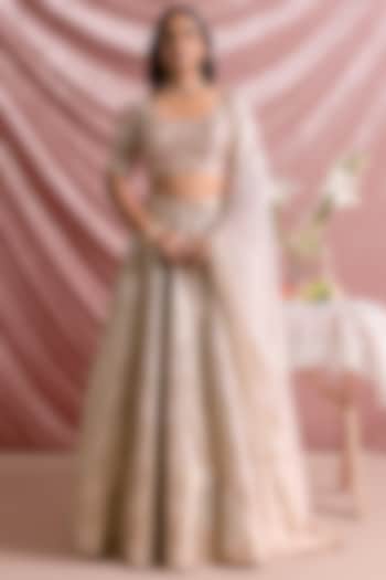 Ivory Banarasi Silk Floral Printed Wedding Lehenga Set by Parshya at Pernia's Pop Up Shop