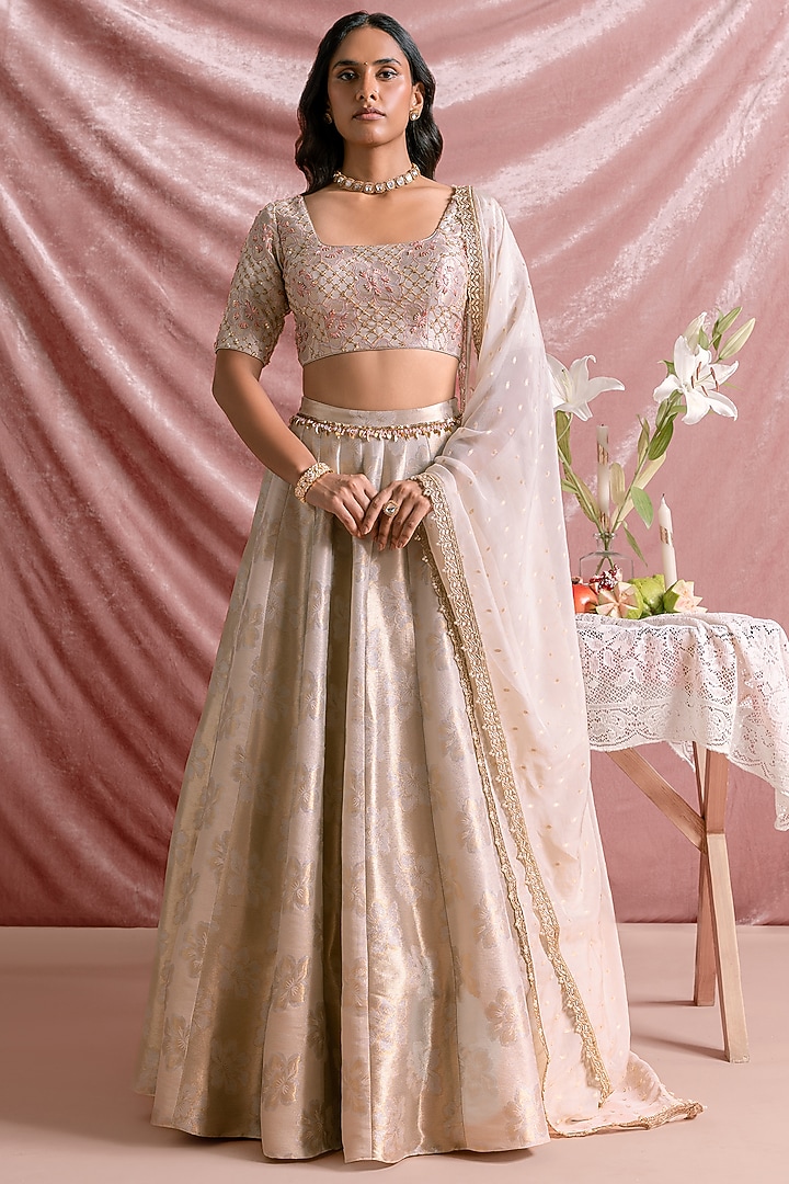 Ivory Banarasi Silk Floral Printed Wedding Lehenga Set by Parshya at Pernia's Pop Up Shop
