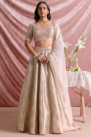 Ivory Banarasi Silk Floral Printed Lehenga Set by Parshya