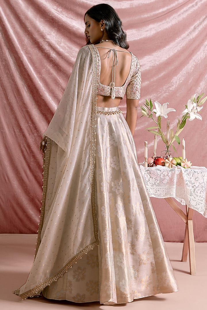 Ivory Banarasi Silk Floral Printed Wedding Lehenga Set by Parshya at Pernia's Pop Up Shop
