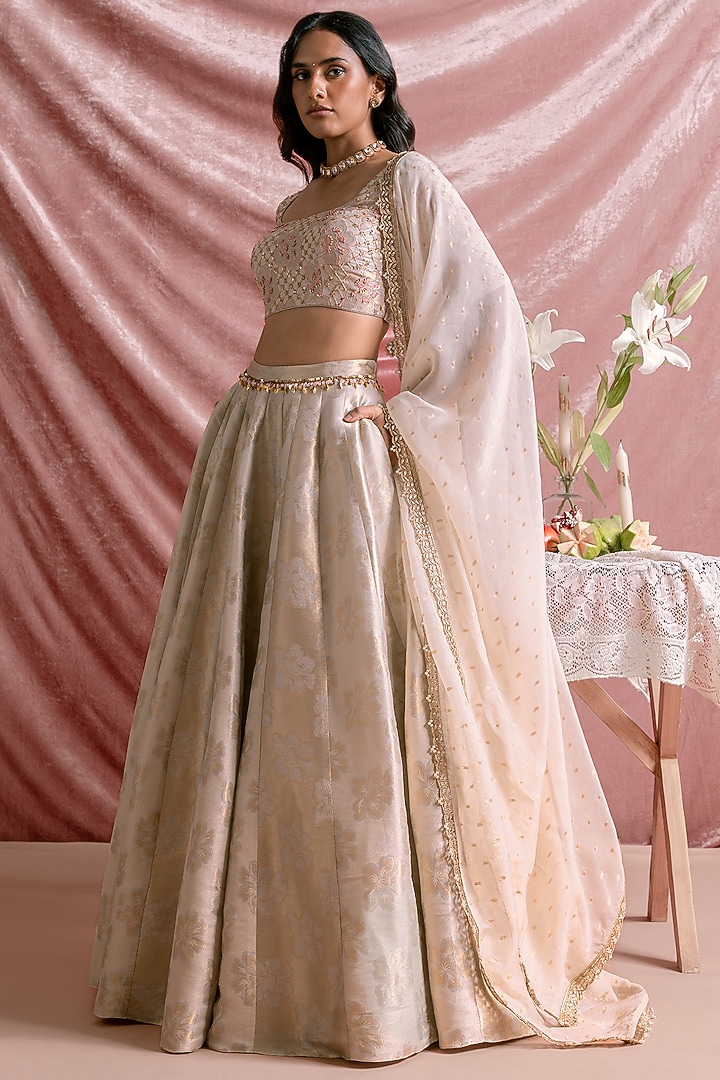 Ivory Banarasi Silk Floral Printed Wedding Lehenga Set by Parshya at Pernia's Pop Up Shop