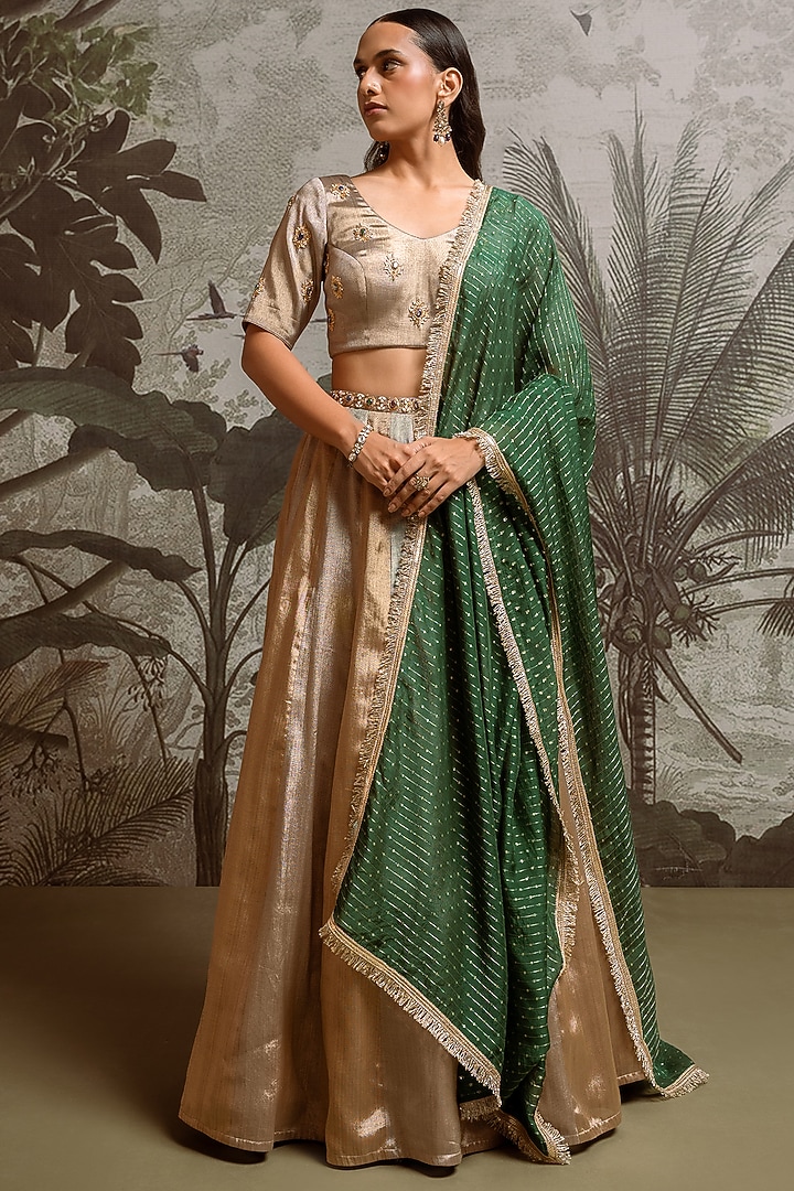 Antique Gold & Silver Banarasi Wedding Lehenga Set by Parshya at Pernia's Pop Up Shop