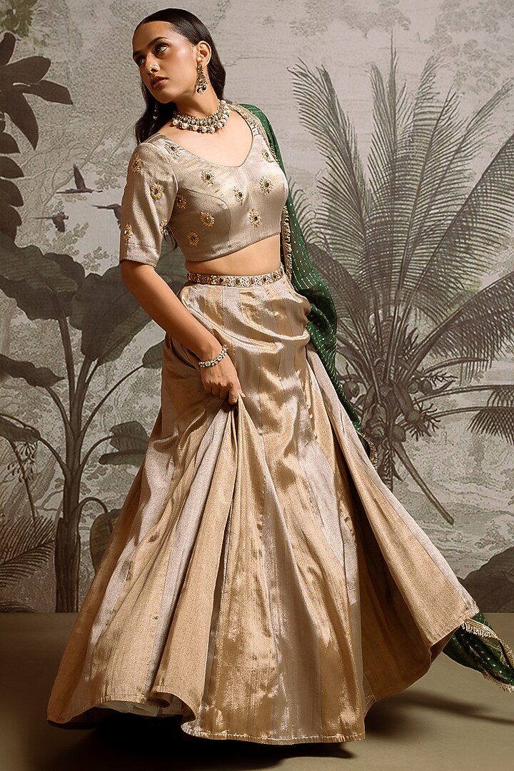 Antique Gold & Silver Banarasi Wedding Lehenga Set by Parshya at Pernia's Pop Up Shop