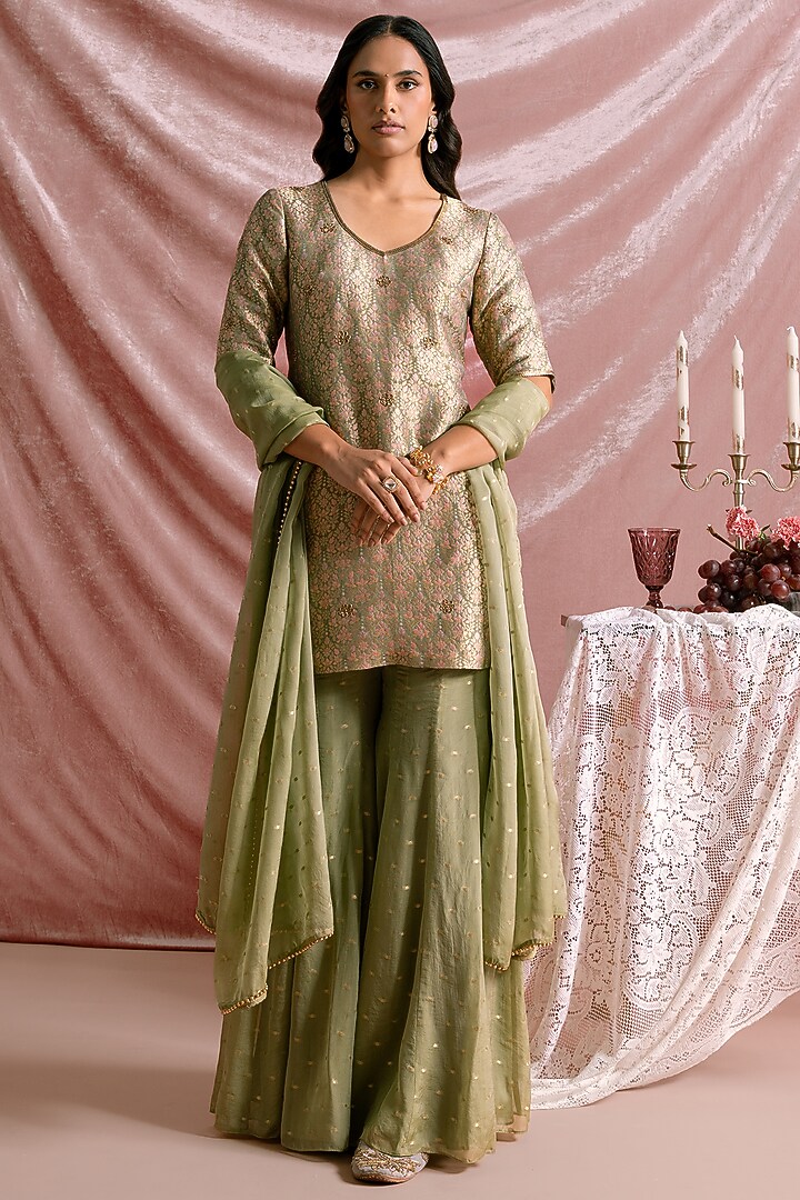 Green Banarasi Silk Printed Kurta Set by Parshya at Pernia's Pop Up Shop