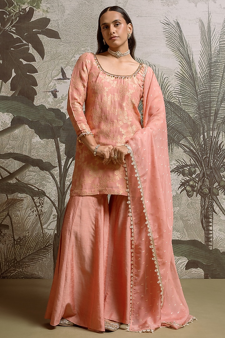 Peach Banarasi Georgette Party Wear Sharara Set by Parshya at Pernia's Pop Up Shop