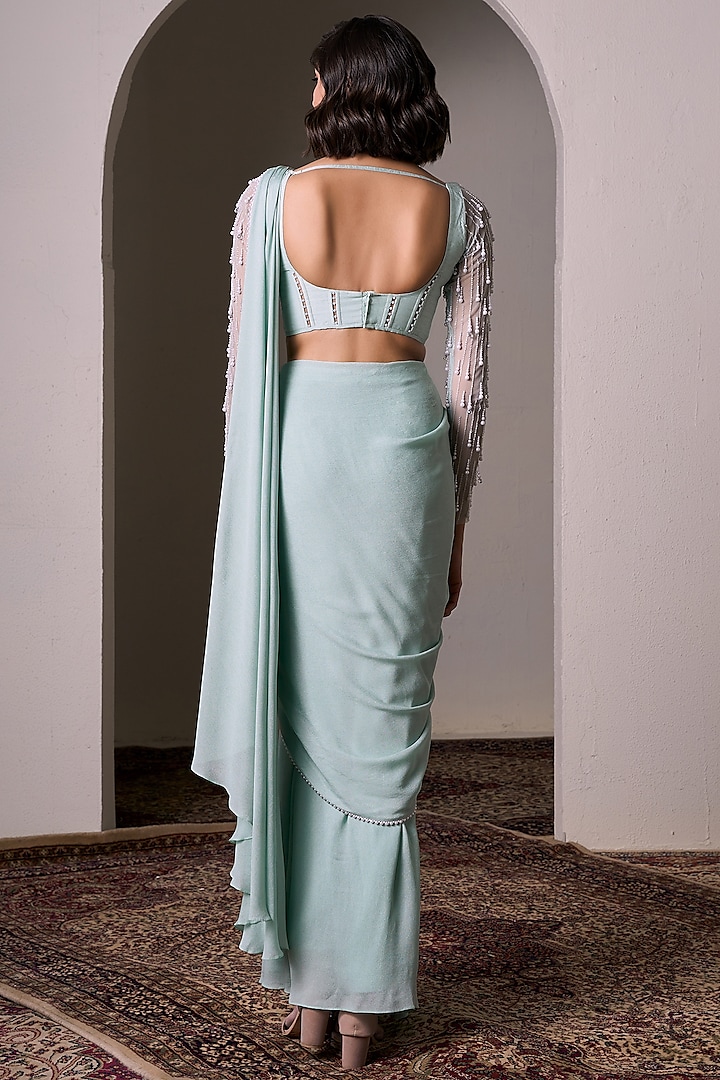 Mint Crepe Georgette Hand Embellished Pre-Draped Wedding Saree Set by Parshya at Pernia's Pop Up Shop