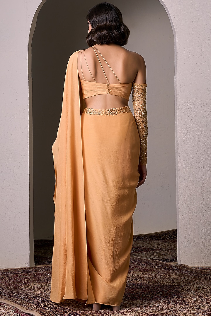 Mango Yellow Shimmer Satin Hand Embellished Pre-Draped Wedding Saree Set by Parshya at Pernia's Pop Up Shop