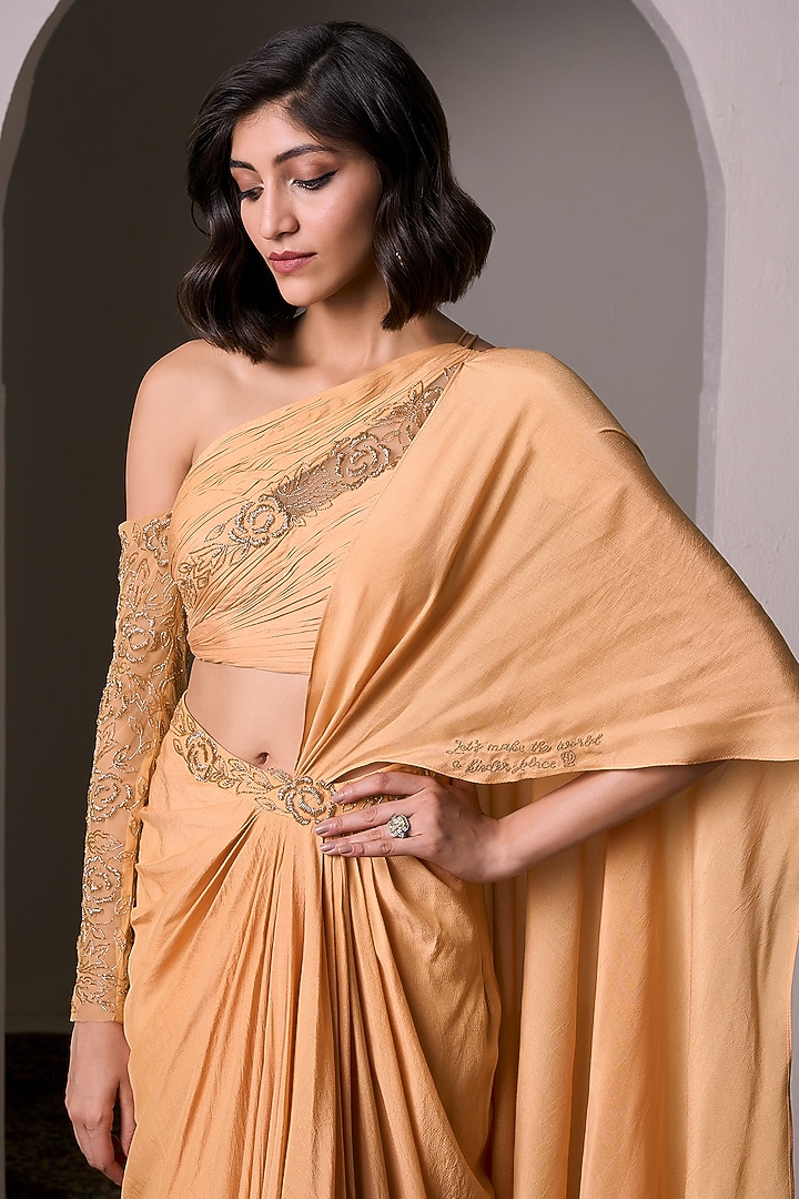Mango Yellow Shimmer Satin Hand Embellished Pre-Draped Wedding Saree Set by Parshya at Pernia's Pop Up Shop