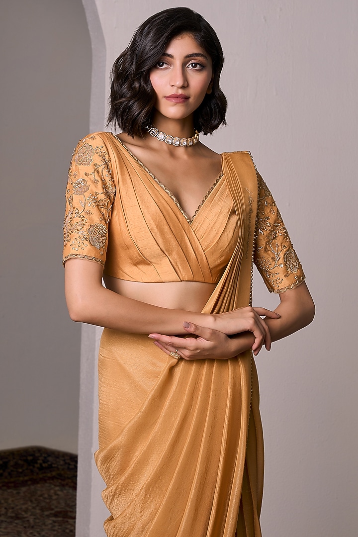 Mango Yellow Shimmer Satin Hand Embellished Pre-Draped Wedding Saree Set by Parshya at Pernia's Pop Up Shop