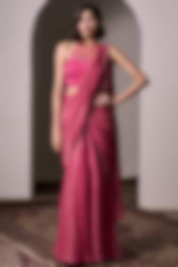 Candy Pink Tissue Net Pre-Draped Saree Set by Parshya