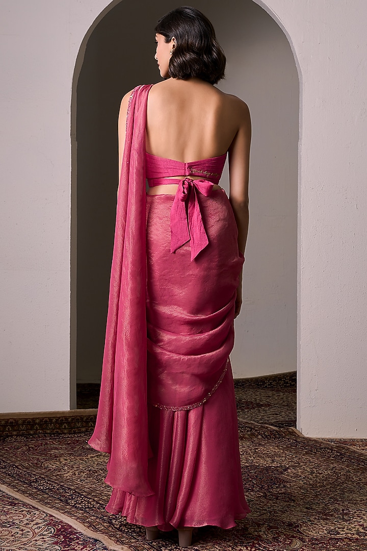 Candy Pink Tissue Net Pre-Draped Wedding Saree Set by Parshya at Pernia's Pop Up Shop