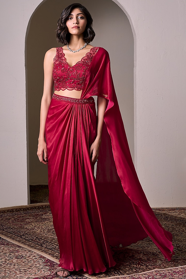 Red Georgette Satin Pre-Draped Saree Set by Parshya
