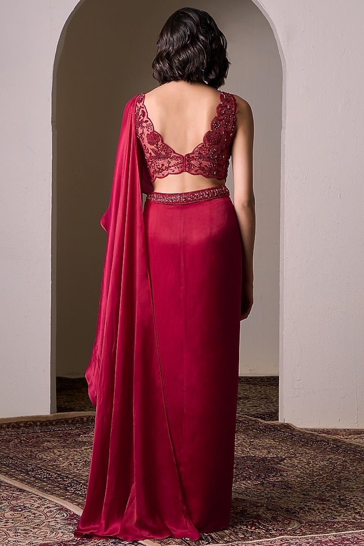 Red Georgette Satin Pre-Draped Wedding Saree Set by Parshya at Pernia's Pop Up Shop