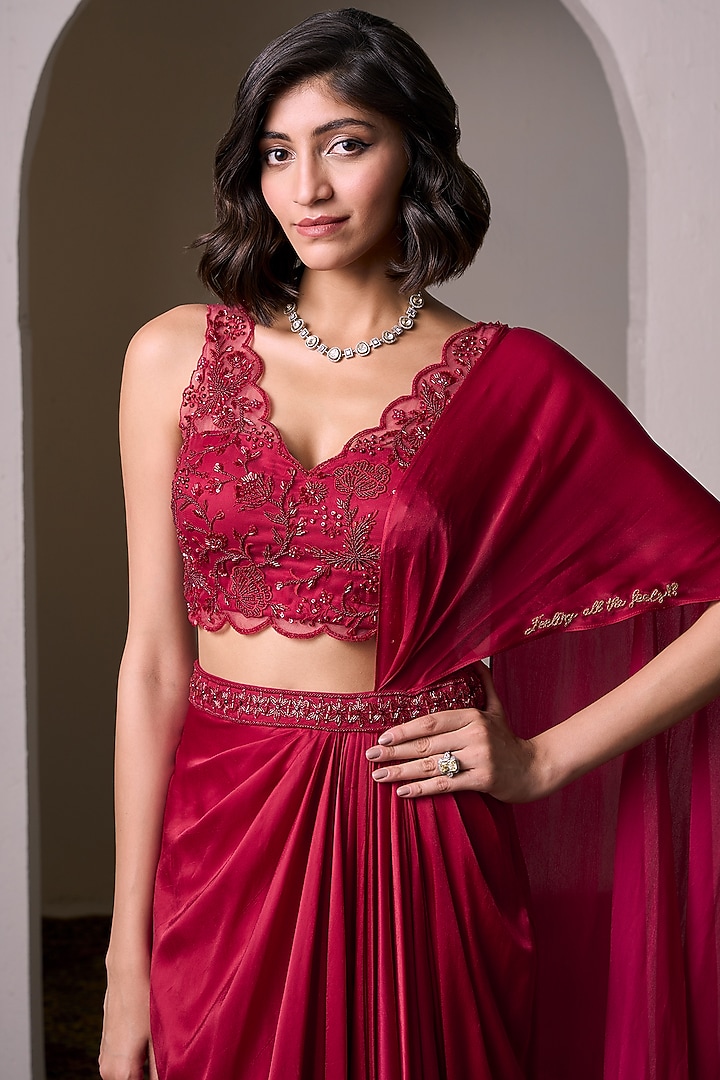 Red Georgette Satin Pre-Draped Wedding Saree Set by Parshya at Pernia's Pop Up Shop