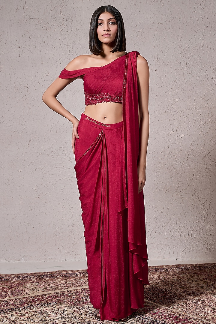 Red Crepe Georgette Hand Embellished Pre-Draped Saree Set by Parshya