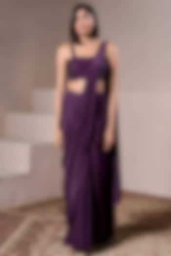 Purple Shimmer Satin Pre-Draped Saree Set by Parshya